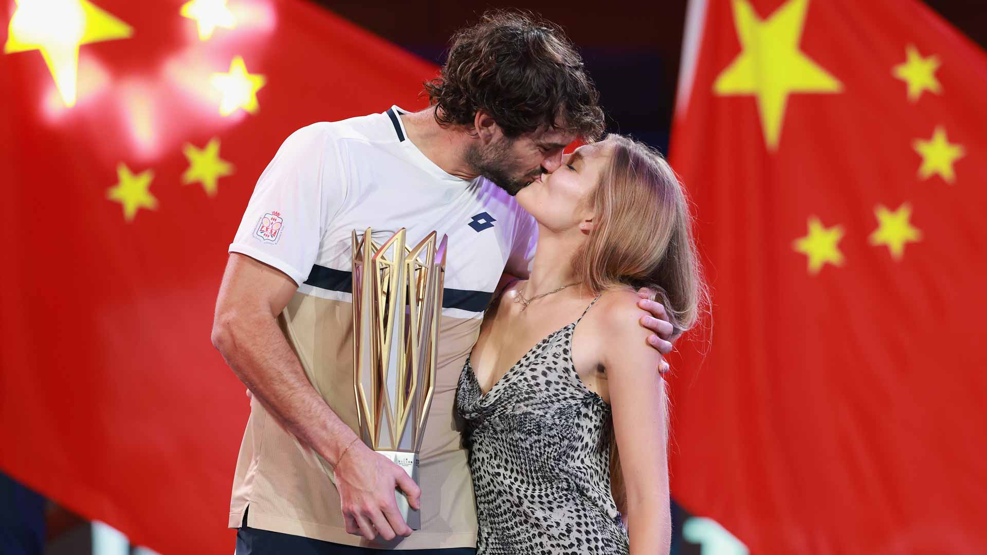 Valentin Vacherot and Emily Snyder celebrate Vacherot's Shanghai triumph.