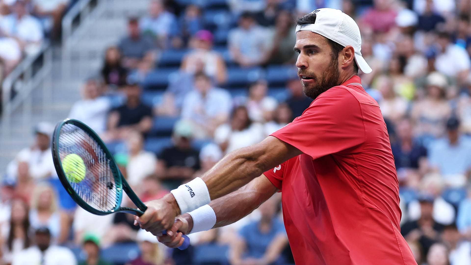 Karen Khachanov in action Monday during a five-set battle against Learner Tien.