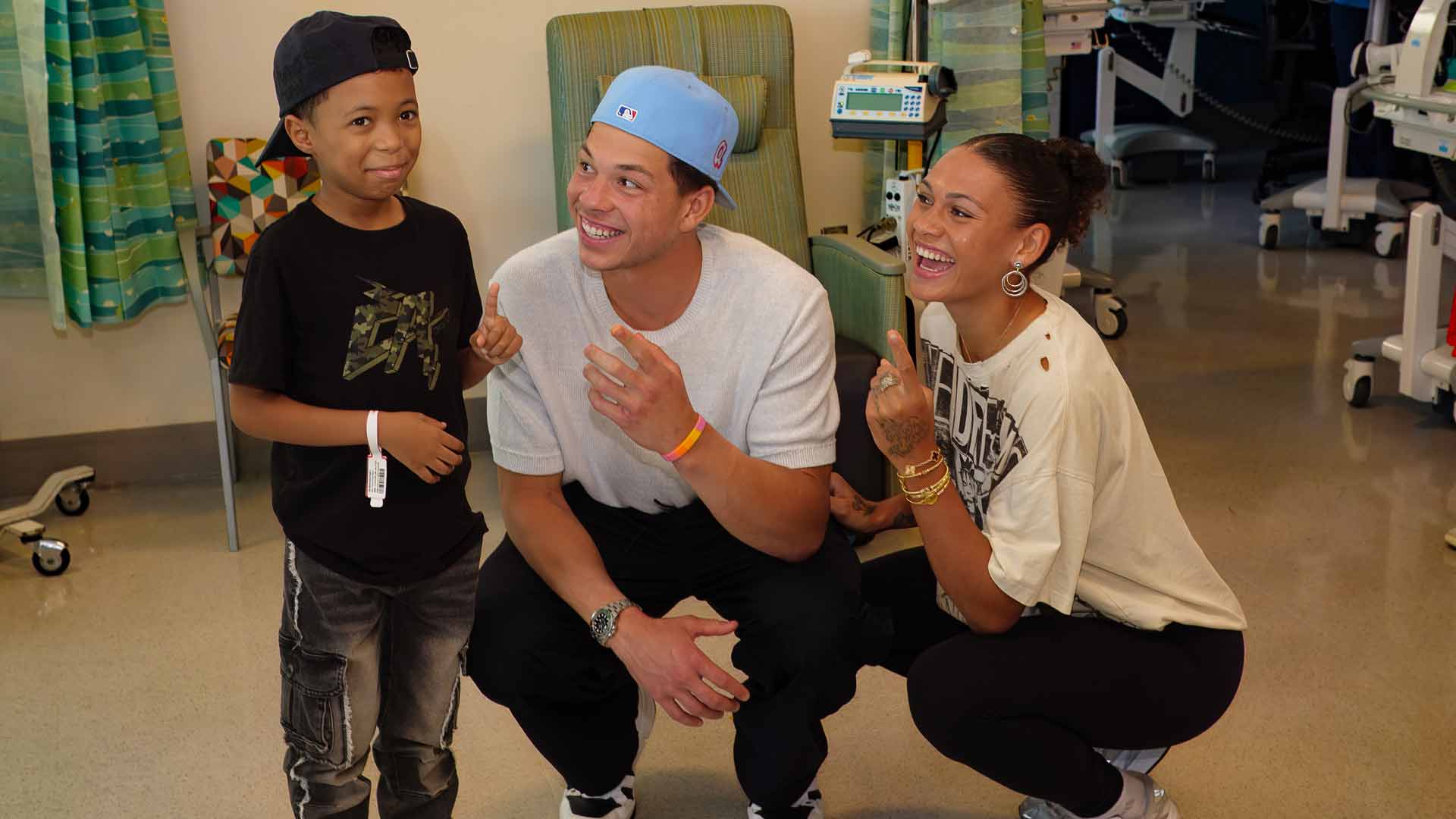 Ben Shelton and Trinity Rodman visit the Columbia University Irving Medical Center pediatric cancer out-patient clinic on 14 September.